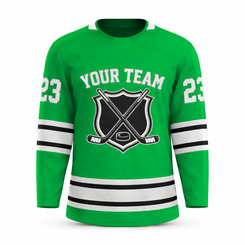 Custom green hockey jersey with embroidered FitsFans shield logo and stitched black and white stripes