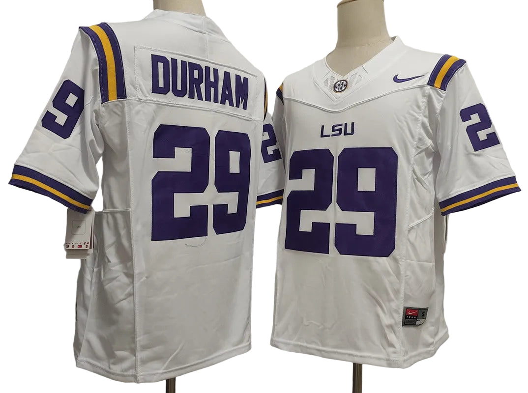 Custom Caden Durham #29 LSU Tigers White Purple Limited Football Jersey -All Stitched
