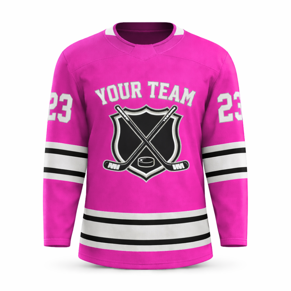 Custom pink hockey jersey with embroidered FitsFans shield logo and stitched black and white stripes