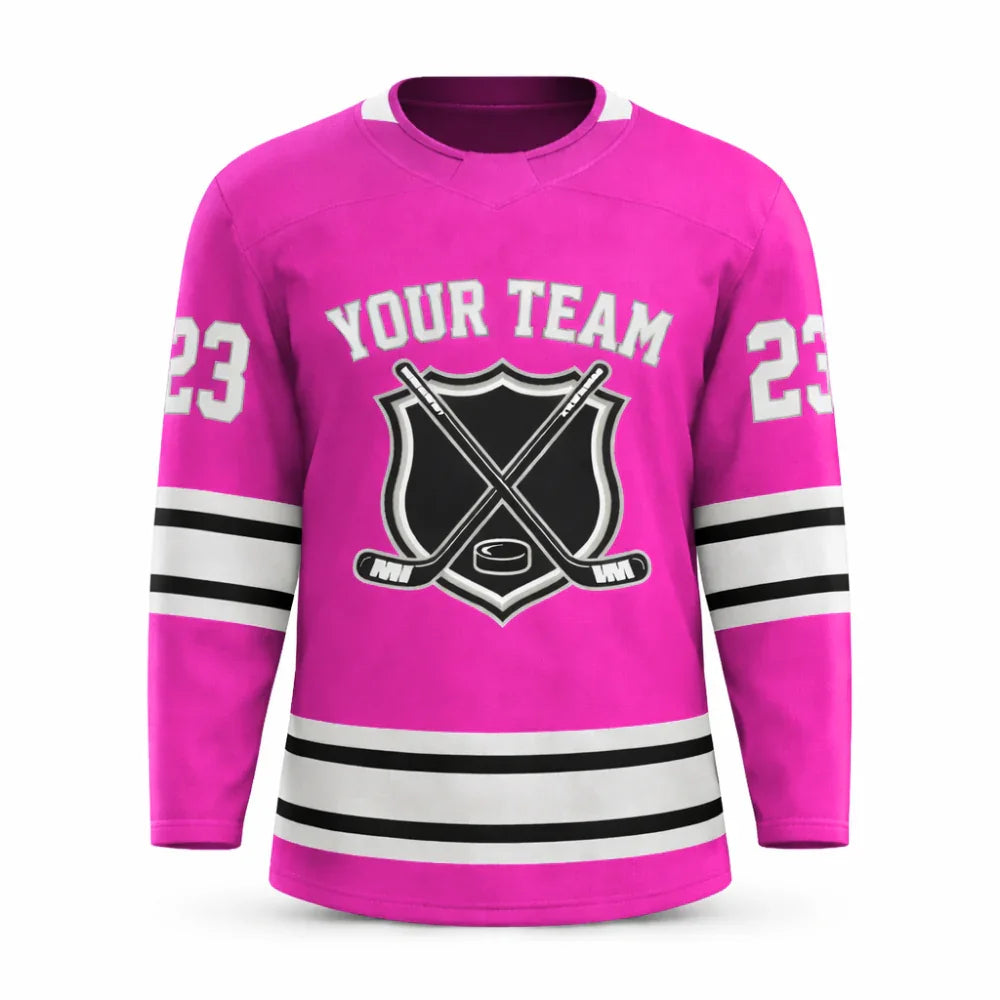 Custom pink hockey jersey with embroidered FitsFans shield logo and stitched black and white stripes