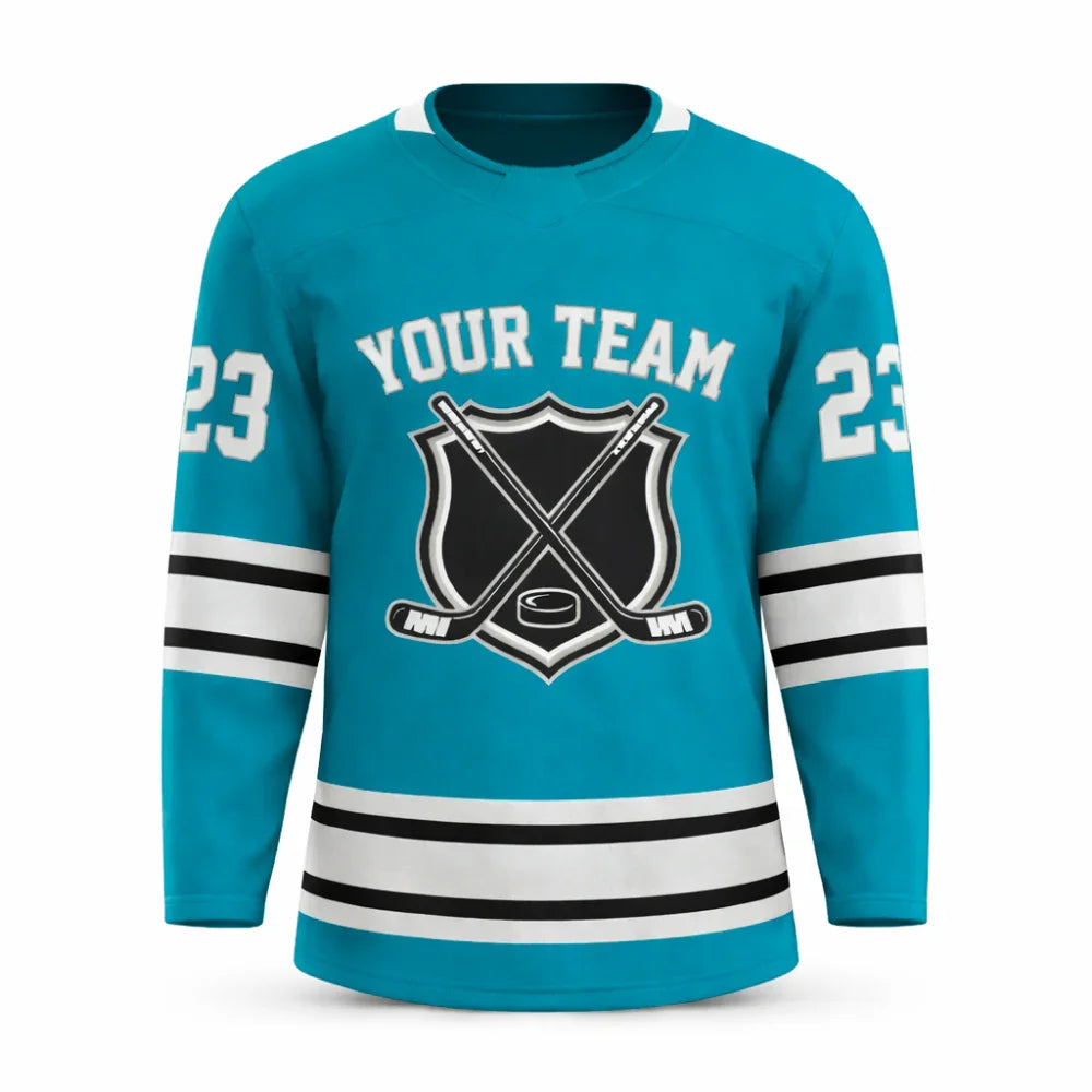 Custom Green hockey jersey with embroidered FitsFans shield logo and stitched black and white stripes
