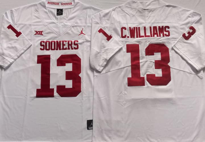 Men's Caleb Williams #13 Oklahoma Sooners Crimson Vapor Red White Football Jersey -All Stitched