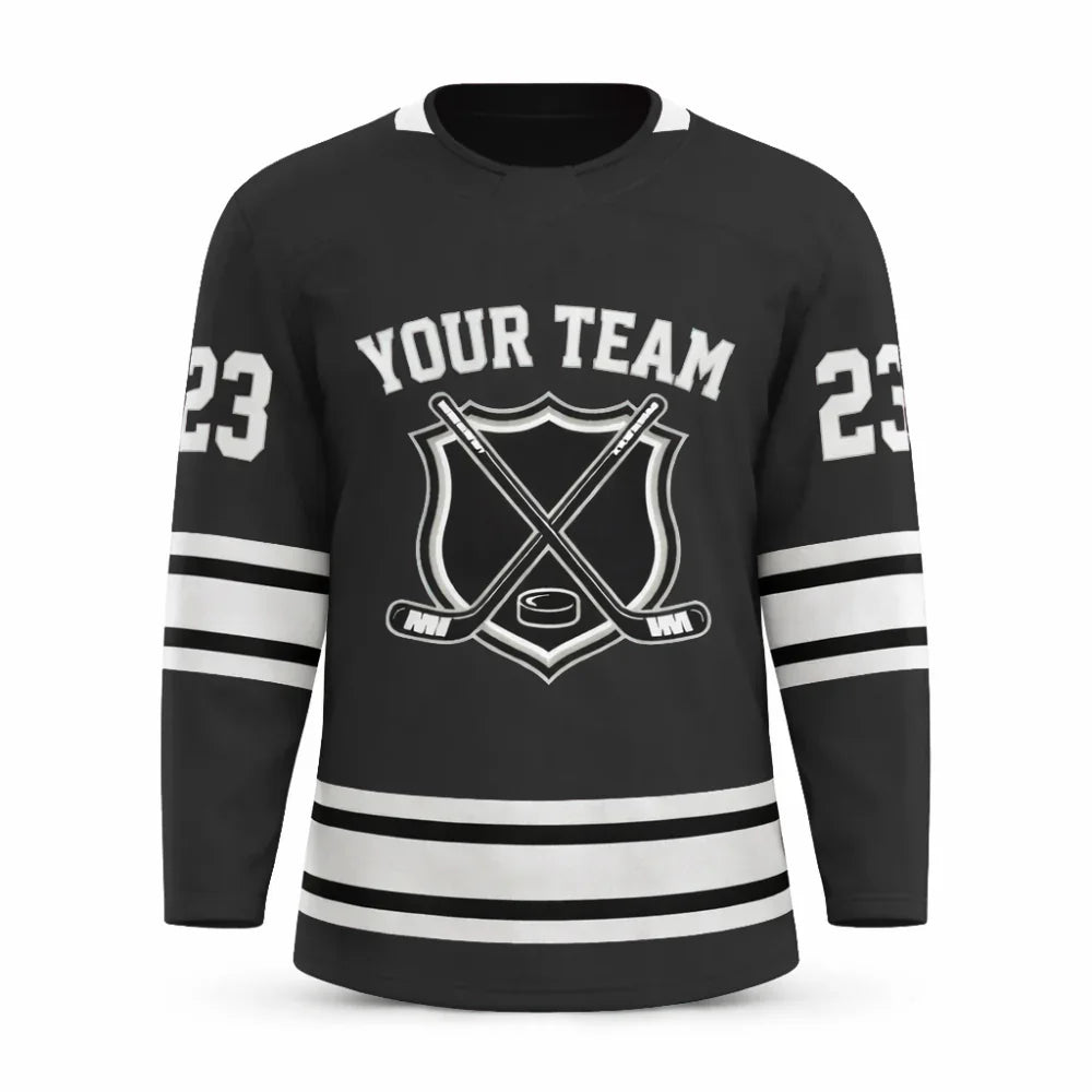 Custom Black hockey jersey with embroidered FitsFans shield logo and stitched black and white stripes