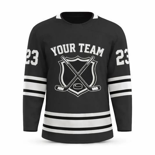 Custom Black hockey jersey with embroidered FitsFans shield logo and stitched black and white stripes