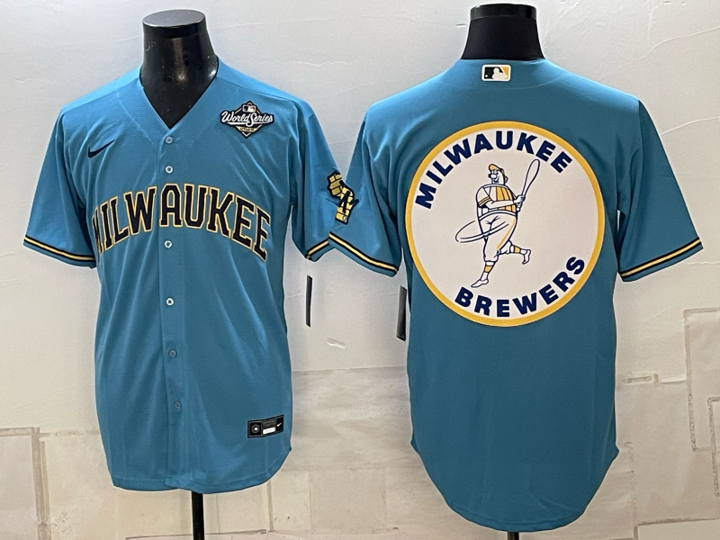 Men's Milwaukee Brewers LOGO 2026 World Series Cream Mineral Blue Powder Blue Navy City Connect Olive Salute to Service Baseball Jersey