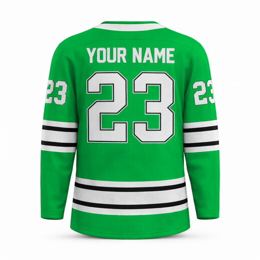 Custom green hockey jersey with embroidered FitsFans shield logo and stitched black and white stripes