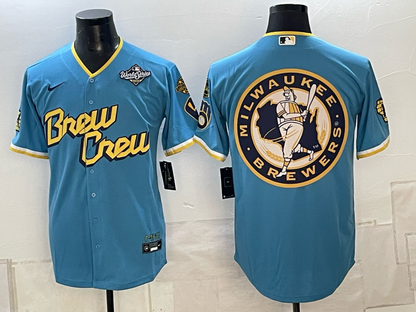 Men's Milwaukee Brewers LOGO 2026 World Series Cream Mineral Blue Powder Blue Navy City Connect Olive Salute to Service Baseball Jersey