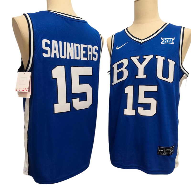 Men's BYU Cougars #15 Richie Saunders Blue White Basketball Jersey All Stitched