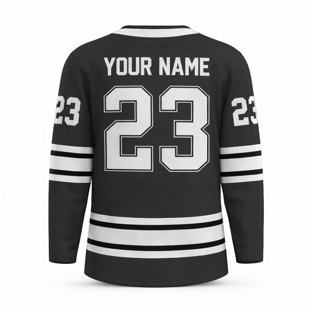 Custom Black hockey jersey with embroidered FitsFans shield logo and stitched black and white stripes