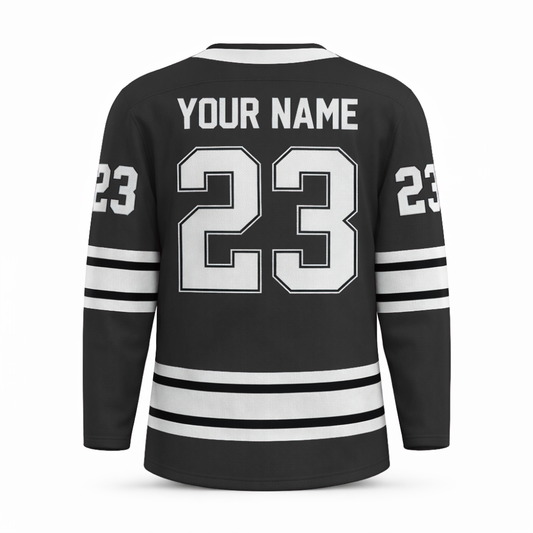 Custom Black hockey jersey with embroidered FitsFans shield logo and stitched black and white stripes