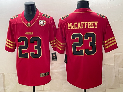 Men's Christian McCaffrey 49ers 5X Champion 80TH Golden Gate Bridge Faithful To The Bay Gold Scarlet Limited Football Jersey -All Stitched