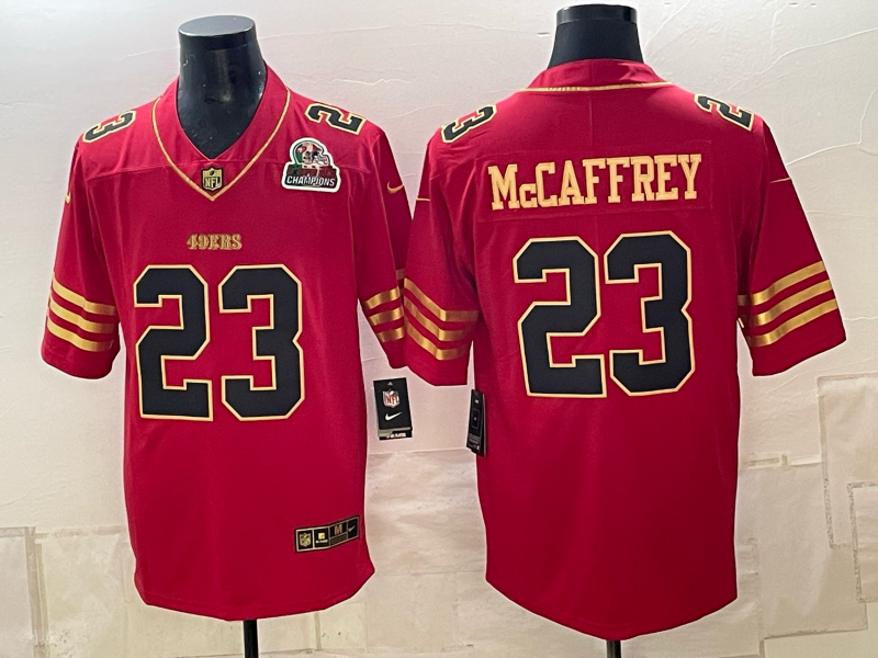 Men's Christian McCaffrey 49ers 5X Champion 80TH Golden Gate Bridge Faithful To The Bay Gold Scarlet Limited Football Jersey -All Stitched