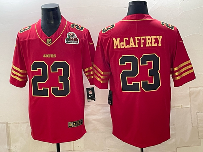 Men's Christian McCaffrey 49ers 5X Champion 80TH Golden Gate Bridge Faithful To The Bay Gold Scarlet Limited Football Jersey -All Stitched