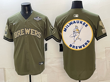 Men's Milwaukee Brewers LOGO 2026 World Series Cream Mineral Blue Powder Blue Navy City Connect Olive Salute to Service Baseball Jersey