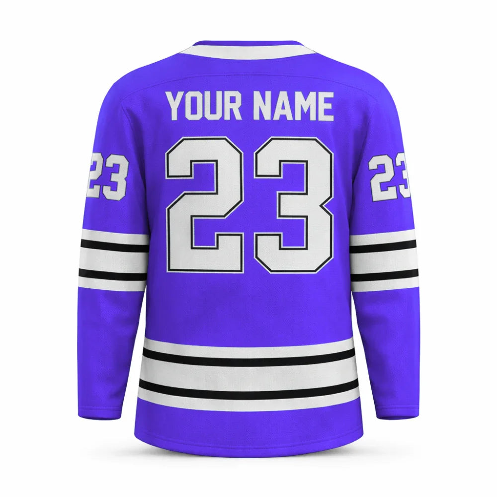 Custom Purple hockey jersey with embroidered FitsFans shield logo and stitched black and white stripes