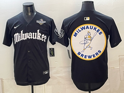 Men's Milwaukee Brewers LOGO 2026 World Series Cream Mineral Blue Powder Blue Navy City Connect Olive Salute to Service Baseball Jersey