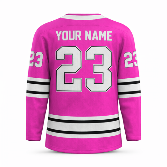 Custom pink hockey jersey with embroidered FitsFans shield logo and stitched black and white stripes