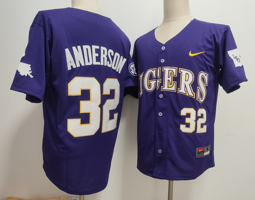 Men's Kade Anderson #32 LSU Tigers Vapor Purple Gold White Baseball Jersey -All Stitched