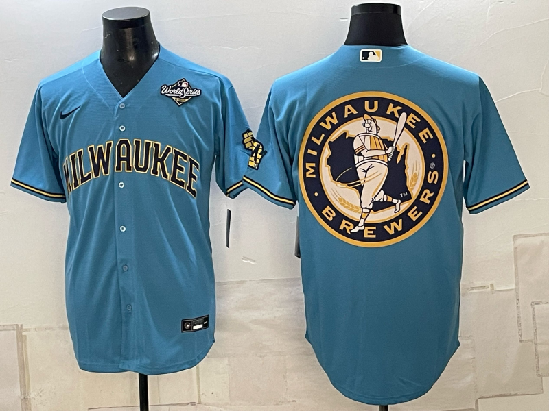 Men's Milwaukee Brewers LOGO 2026 World Series Cream Mineral Blue Powder Blue Navy City Connect Olive Salute to Service Baseball Jersey