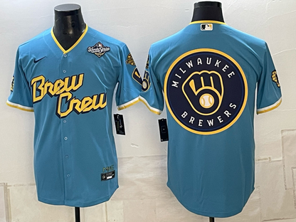 Men's Milwaukee Brewers LOGO 2026 World Series Cream Mineral Blue Powder Blue Navy City Connect Olive Salute to Service Baseball Jersey