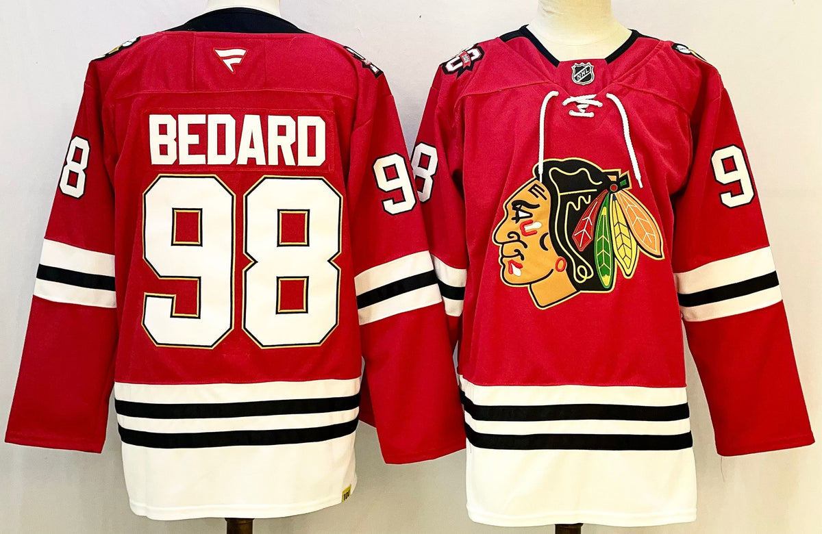 Custom Connor Bedard Red Black Blackhawks Hockey Jersey -All Stitched
