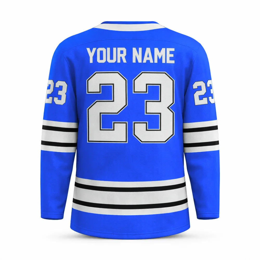 Custom Light blue hockey jersey with embroidered FitsFans shield logo and stitched black and white stripes