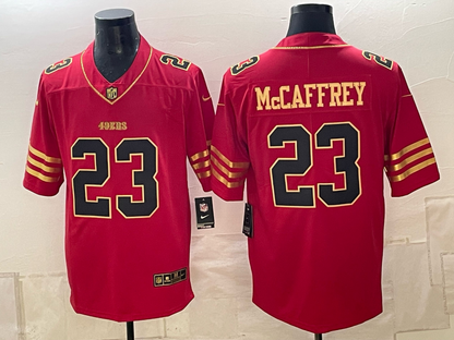 Men's Christian McCaffrey 49ers 5X Champion 80TH Golden Gate Bridge Faithful To The Bay Gold Scarlet Limited Football Jersey -All Stitched