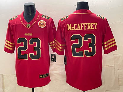 Men's Christian McCaffrey 49ers 5X Champion 80TH Golden Gate Bridge Faithful To The Bay Gold Scarlet Limited Football Jersey -All Stitched