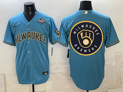 Men's Milwaukee Brewers LOGO 2026 World Series Cream Mineral Blue Powder Blue Navy City Connect Olive Salute to Service Baseball Jersey