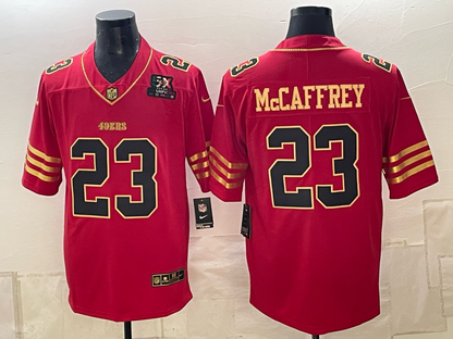 Men's Christian McCaffrey 49ers 5X Champion 80TH Golden Gate Bridge Faithful To The Bay Gold Scarlet Limited Football Jersey -All Stitched