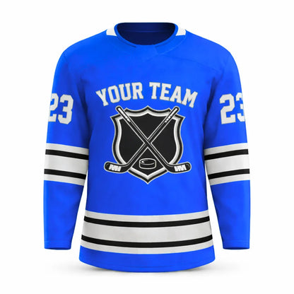 Custom Light blue hockey jersey with embroidered FitsFans shield logo and stitched black and white stripes