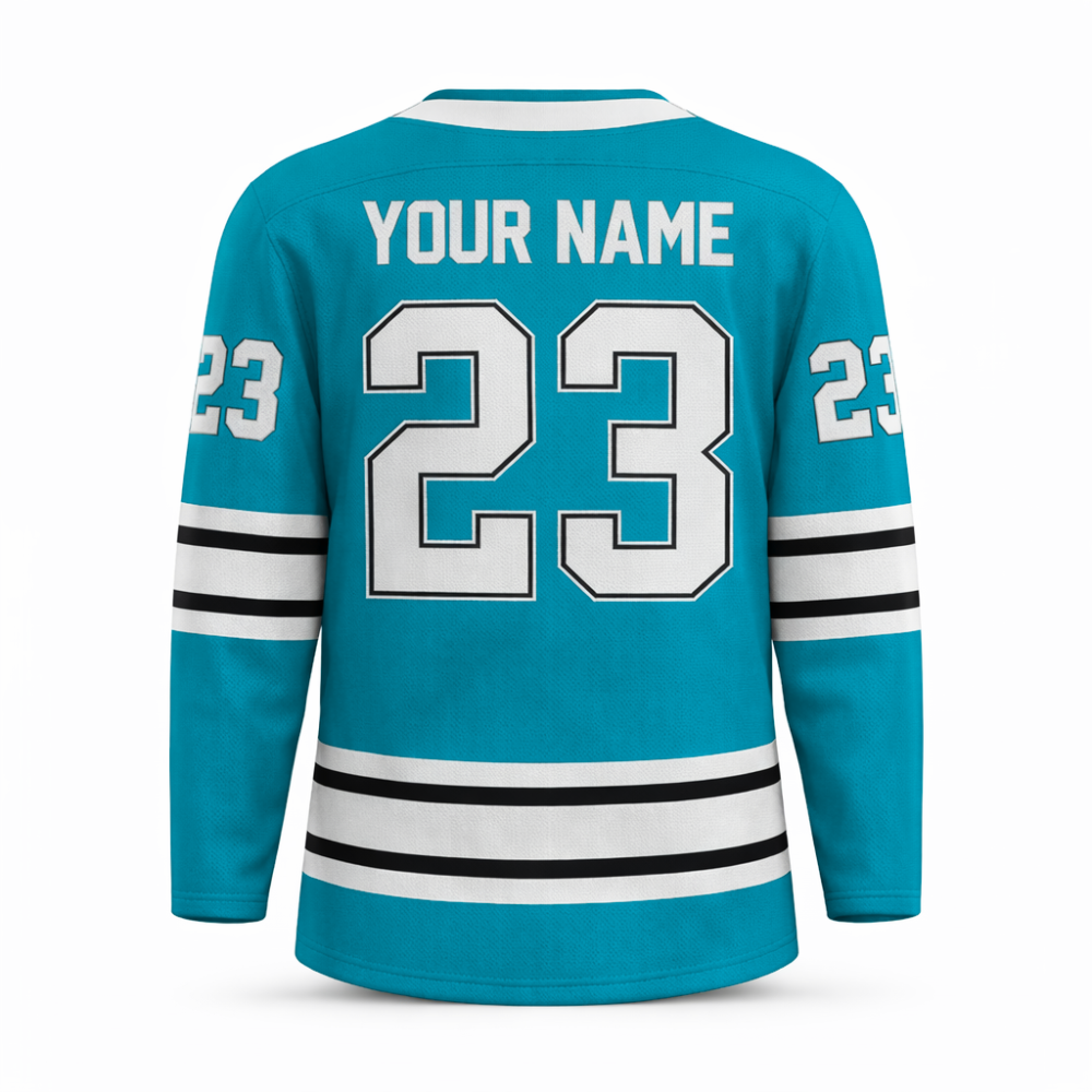 Custom Green hockey jersey with embroidered FitsFans shield logo and stitched black and white stripes