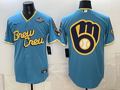 Men's Milwaukee Brewers LOGO 2026 World Series Cream Mineral Blue Powder Blue Navy City Connect Olive Salute to Service Baseball Jersey