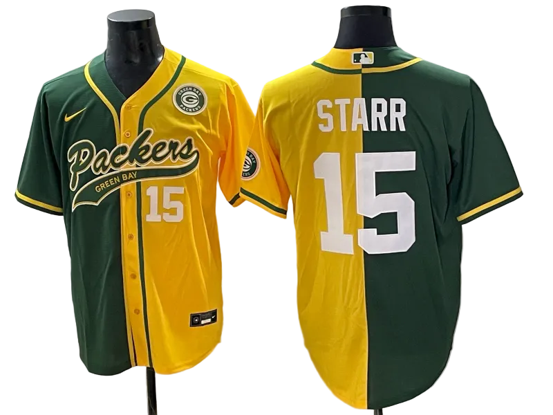 Custom Green Bay Packers #15 Bart Starr Gold Green Split Baseball Jersey -All Stitched