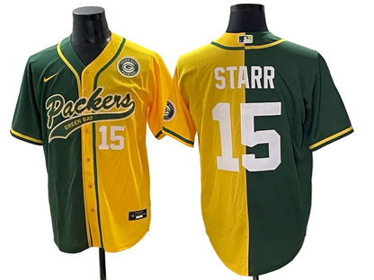 Custom Green Bay Packers #15 Bart Starr Gold Green Split Baseball Jersey -All Stitched
