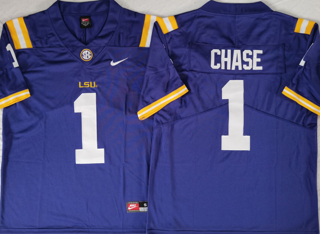 Men's Ja'Marr Chase #1 LSU Tigers Vapor Purple White Football Jersey -All Stitched