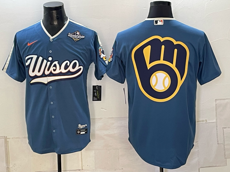 Men's Milwaukee Brewers LOGO 2026 World Series Cream Mineral Blue Powder Blue Navy City Connect Olive Salute to Service Baseball Jersey