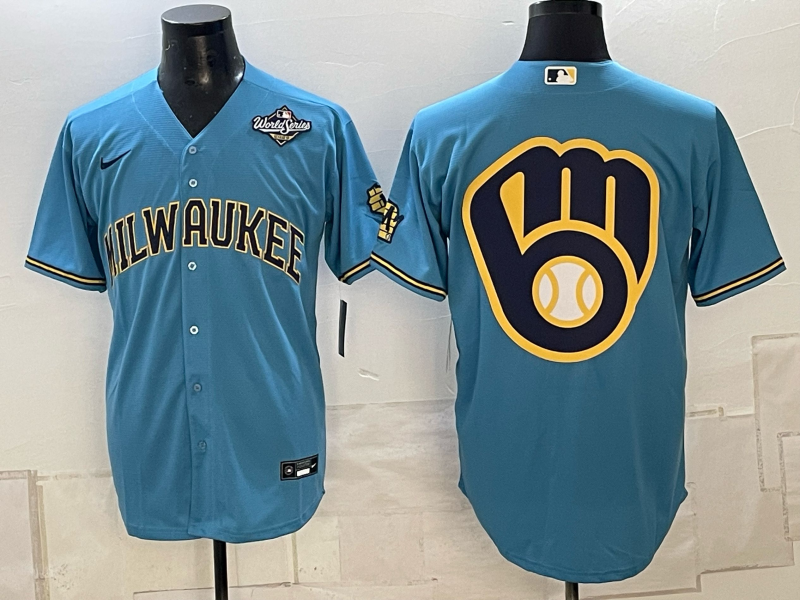 Men's Milwaukee Brewers LOGO 2026 World Series Cream Mineral Blue Powder Blue Navy City Connect Olive Salute to Service Baseball Jersey