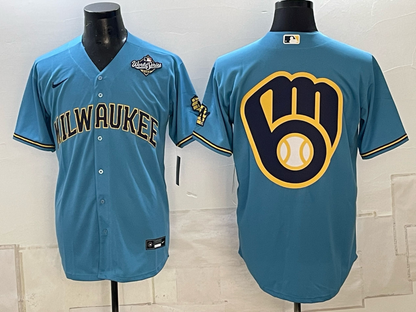 Men's Milwaukee Brewers LOGO 2026 World Series Cream Mineral Blue Powder Blue Navy City Connect Olive Salute to Service Baseball Jersey