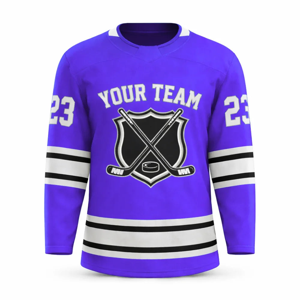 Custom Purple hockey jersey with embroidered FitsFans shield logo and stitched black and white stripes
