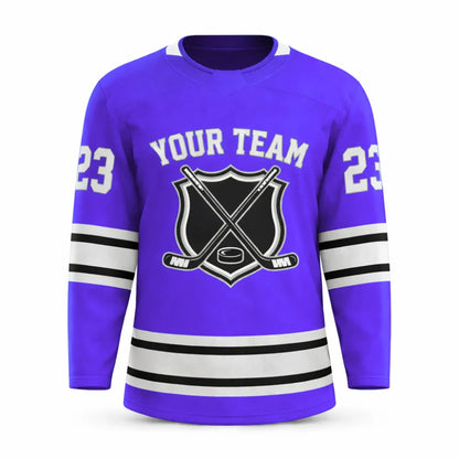 Custom Purple hockey jersey with embroidered FitsFans shield logo and stitched black and white stripes
