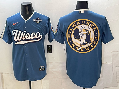 Men's Milwaukee Brewers LOGO 2026 World Series Cream Mineral Blue Powder Blue Navy City Connect Olive Salute to Service Baseball Jersey