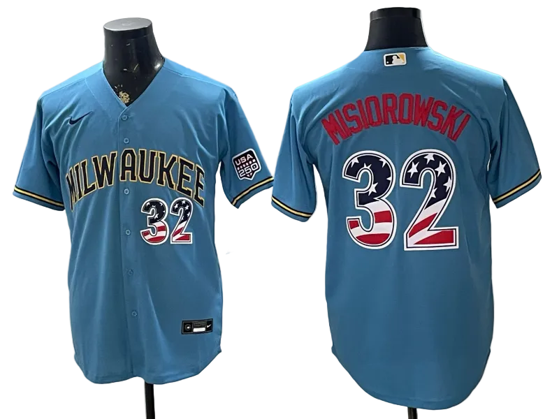 Custom Brewers Light Blue USA 250 Fourth of July Baseball Jersey -All Stitched