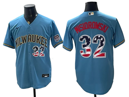 Custom Brewers Light Blue USA 250 Fourth of July Baseball Jersey -All Stitched