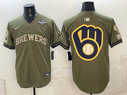 Men's Milwaukee Brewers LOGO 2026 World Series Cream Mineral Blue Powder Blue Navy City Connect Olive Salute to Service Baseball Jersey