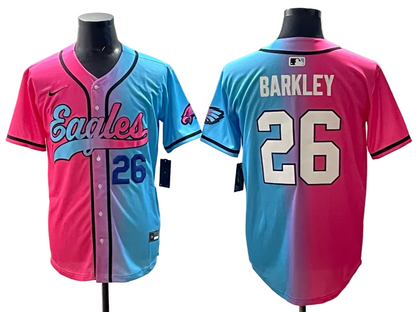 Custom Saquon Barkley Philadelphia Eagles Split Pink Green Stitched Baseball Jersey -All Stitched