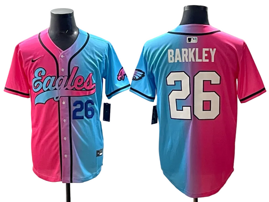 Custom Saquon Barkley Philadelphia Eagles Split Pink Green Stitched Baseball Jersey -All Stitched
