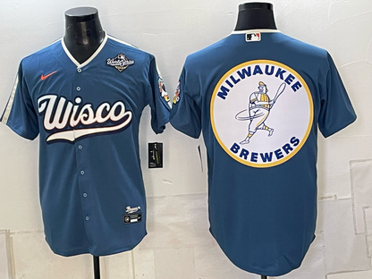 Men's Milwaukee Brewers LOGO 2026 World Series Cream Mineral Blue Powder Blue Navy City Connect Olive Salute to Service Baseball Jersey