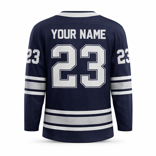 Custom Navy hockey jersey with embroidered FitsFans shield logo and stitched black and white stripes