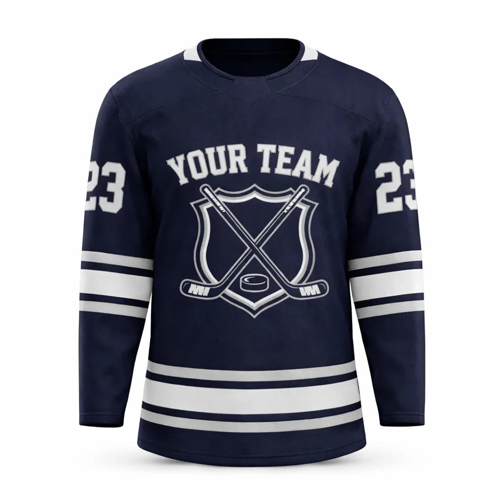 Custom Navy hockey jersey with embroidered FitsFans shield logo and stitched black and white stripes